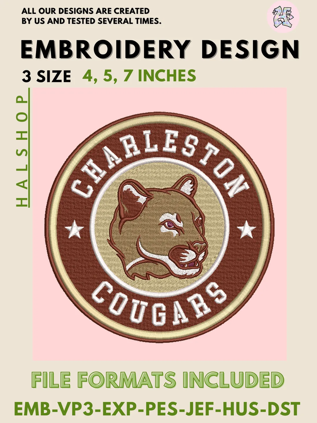 NCAA Charleston Cougars Logo Embroidery Design, College Team Machine Embroidery Files, Digital Download