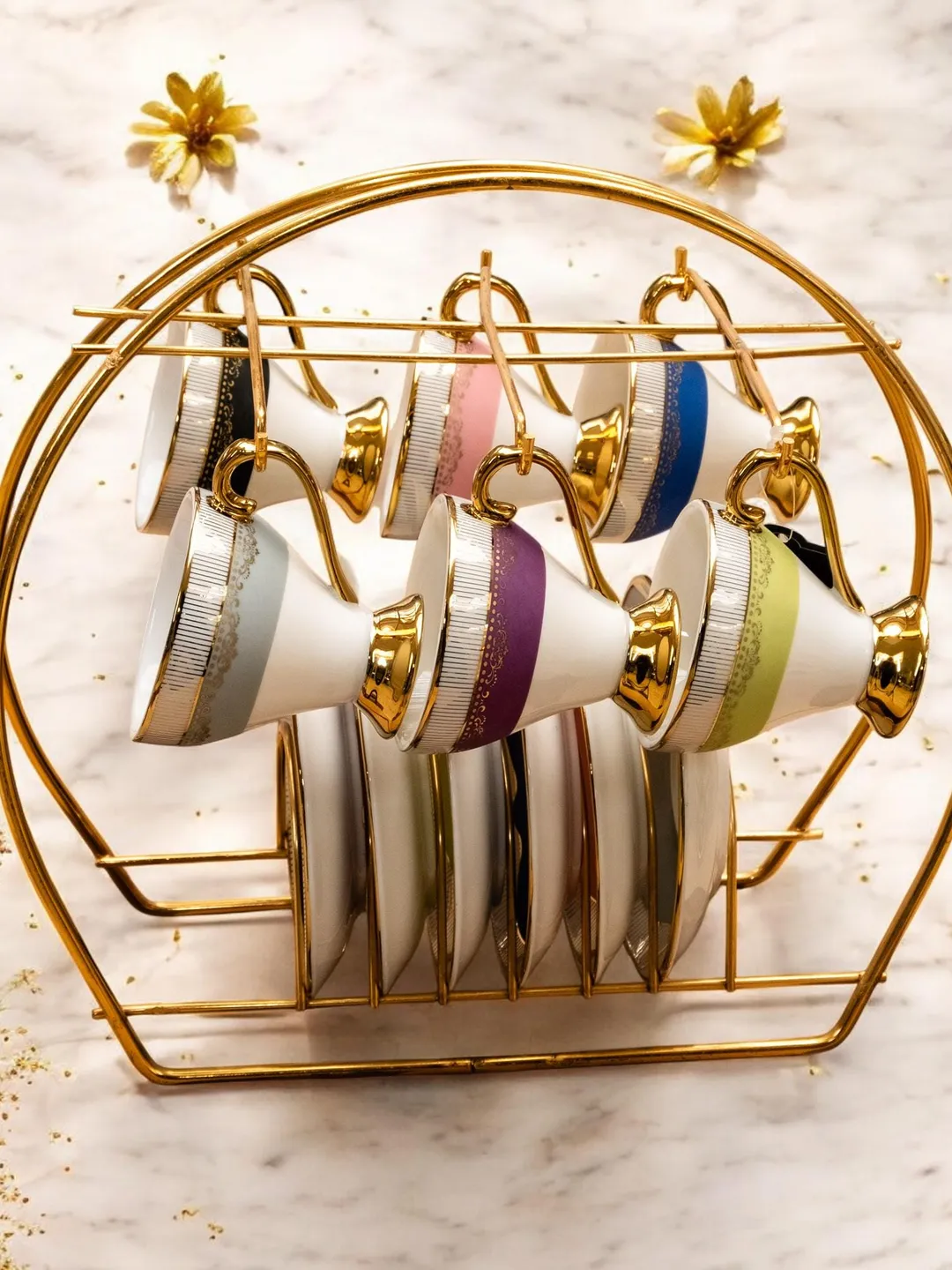 14K Genuine Gold Powder Porcelain Tea Cups And Saucers | Tea Cups Saucers Set | Gold Porcelain Set | Elegant Teaware | Gift For Tea Lovers