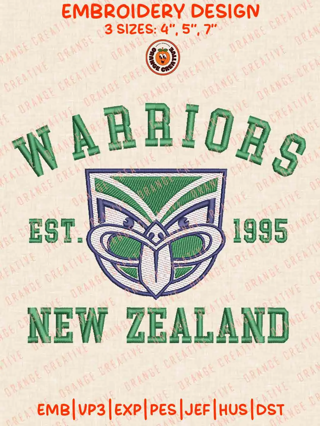 New Zealand Warriors Est 1995 Logos Embroidery Design, NRL Team Machine Embroidery Digitized Pes File, 4 Sizes, Custom Size, Instant Download