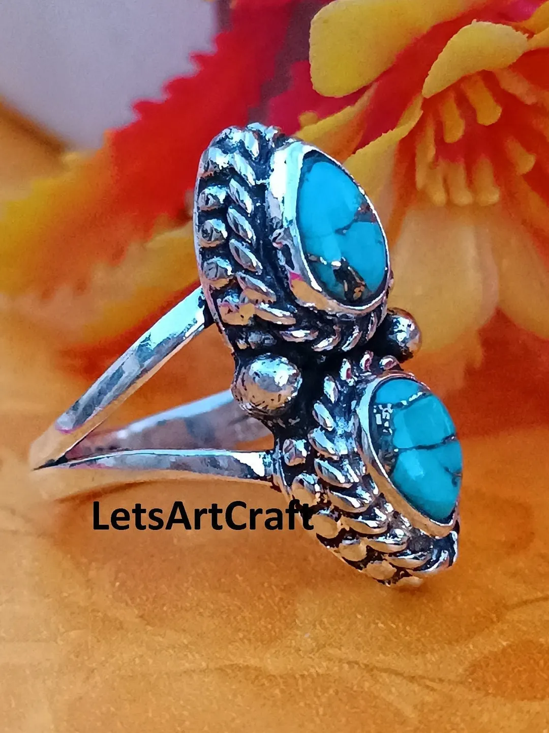 Handmade Turquoise Ring: 925 Sterling Silver Boho Statement Ring