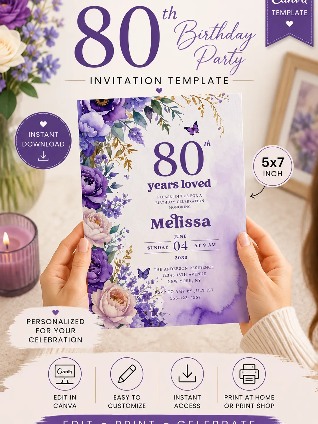 80th Birthday Invitation Canva Template, Purple Floral Butterfly Birthday Invite, Editable 80 Years Loved Party Invitation Digital Download