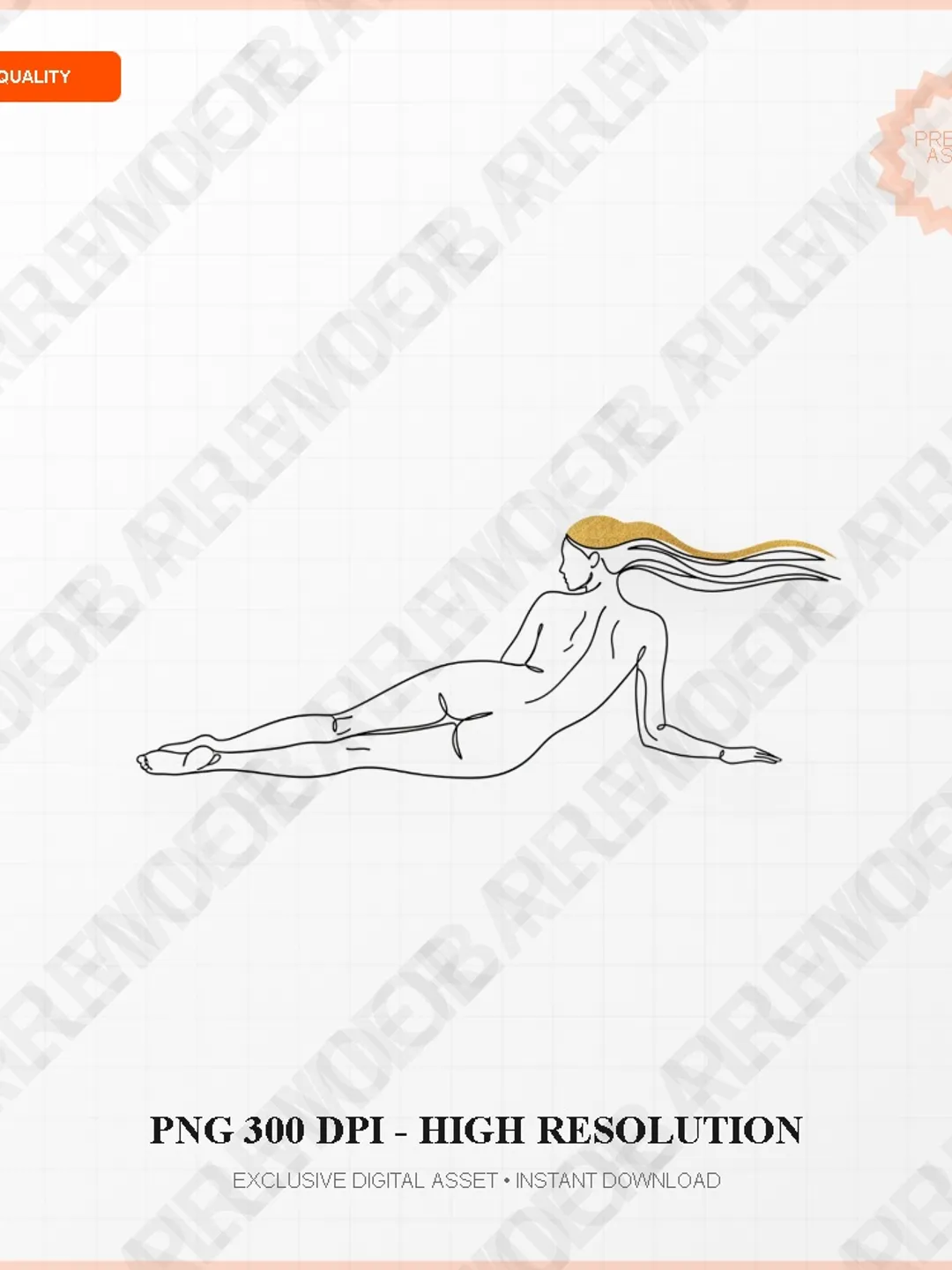 Boho Nude Line Drawing PNG, Minimalist Gold Hair Female Body Art, Modern Aesthetic Wall Decor