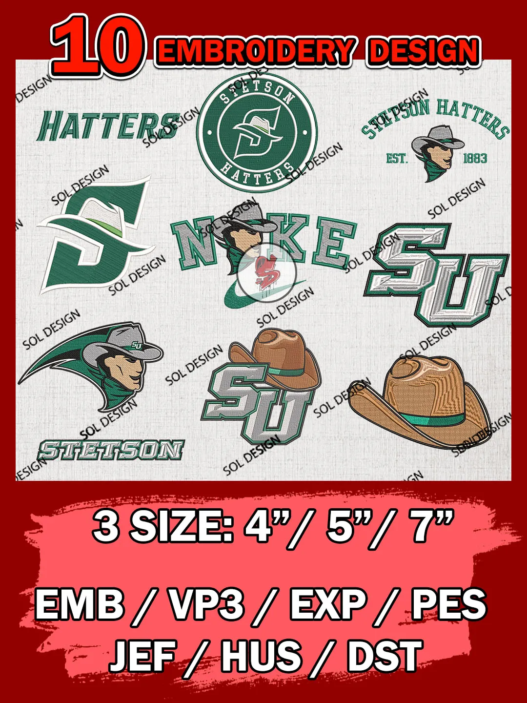 10 NCAA Stetson Hatters Bundle Embroidery Files, NCAA Stetson Hatters Team Bundle Embroidery Designs, NCAA Teams, National College Football Team 3 sizes, NCAA Stetson Machine Embroidery, Digital Download