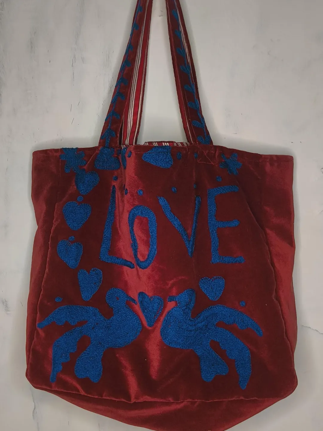 Handmade Suzani Embroidered Velvet Tote Bag, Red Blue Love Design