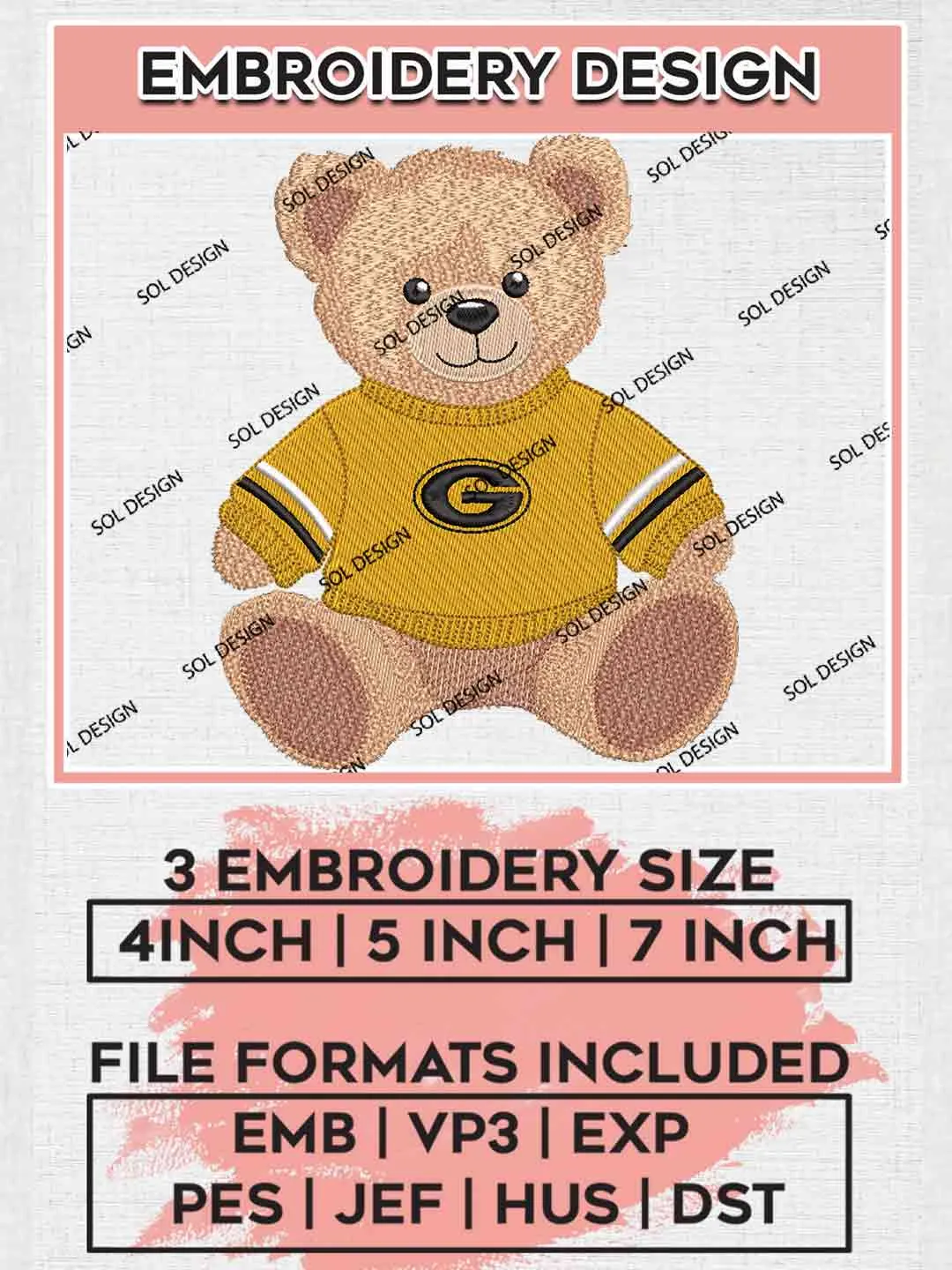 Grambling Tiger Teddy Bear Embroidery Design, Football Embroidery files, Sport Machine embroidery files, 3 sizes, Instant Download
