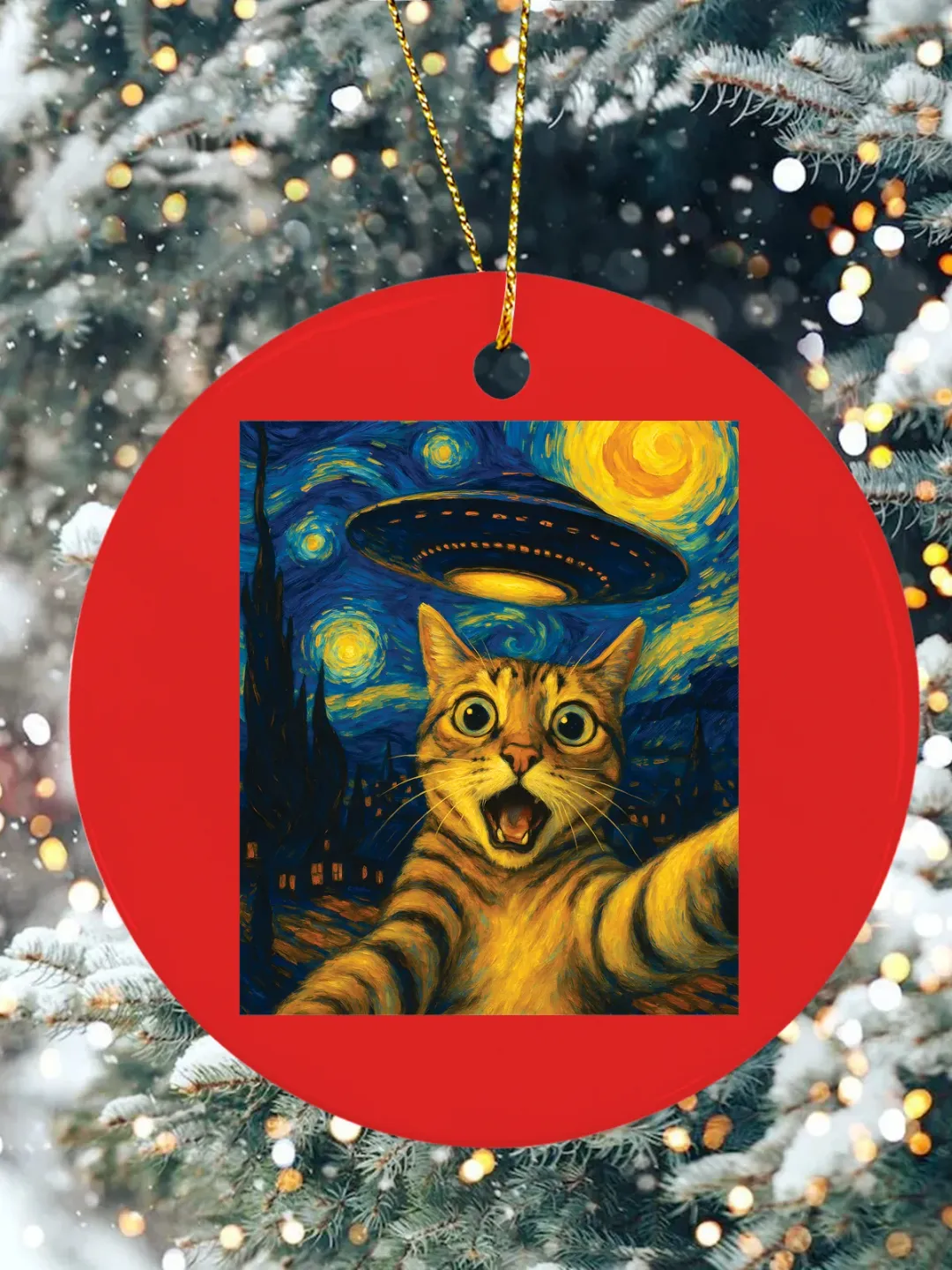 Cat Meme Y2K Christmas Ceramic Ornament