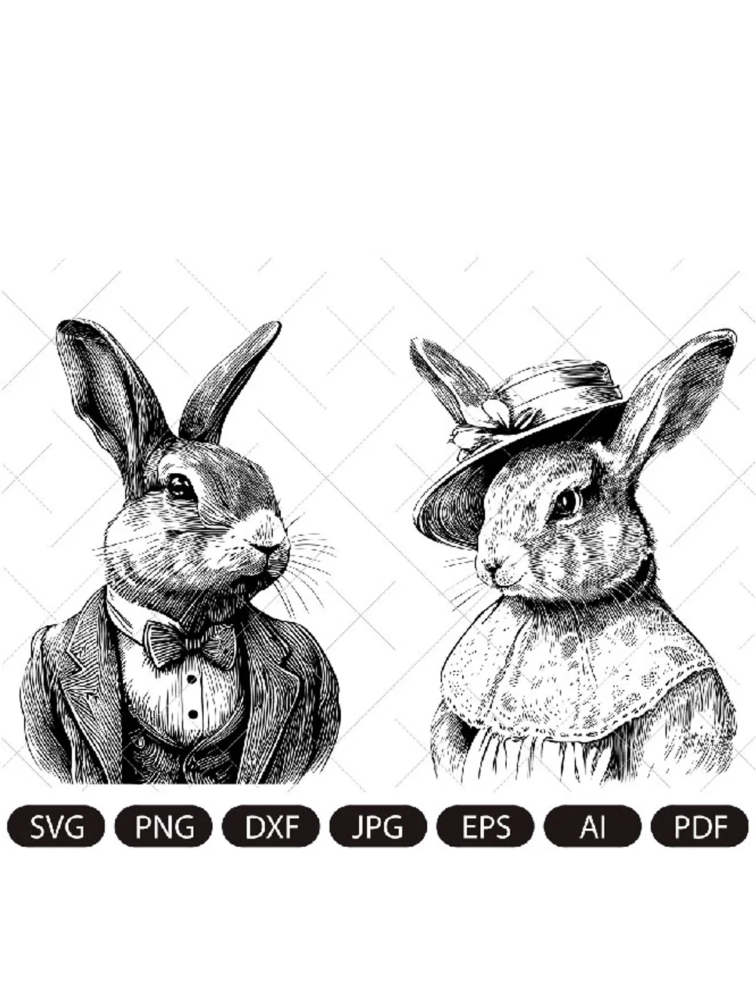 Bunny clipart svg, a pair of rabbits in clothes, Dapper Bunny, Lady Bunny, Mr. and Mrs. Bunnies, Easter Bunnies, Junk Journal Card Making