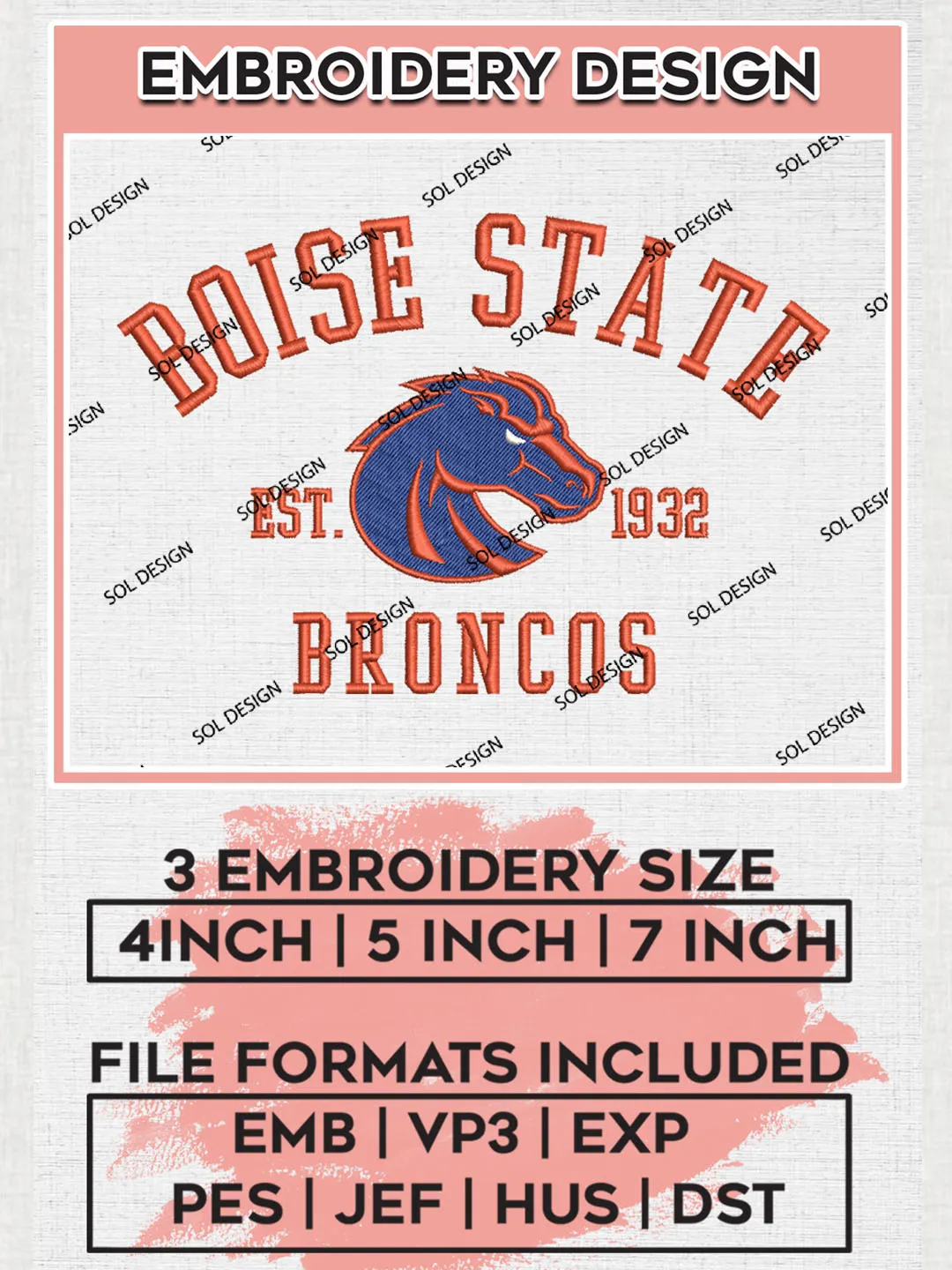 Boise State Broncos Est 1932 Logo Embroidery Designs, NCAA Boise State Broncos Team Embroidery, NCAA Team Logo, 3 sizes, Machine embroidery Files, Digital Download