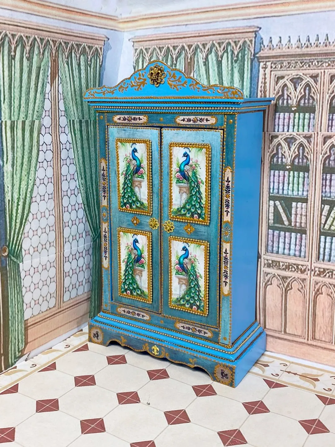 Wardrobe with peacocks. Dollhouse miniature. 1:12. Handmade wardrobe. Wardrobe for a doll.