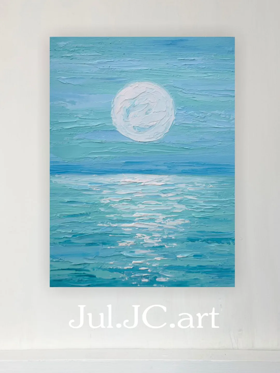 Moonlit night original art Seascape oil painting Blue Turquiose ocean wall art