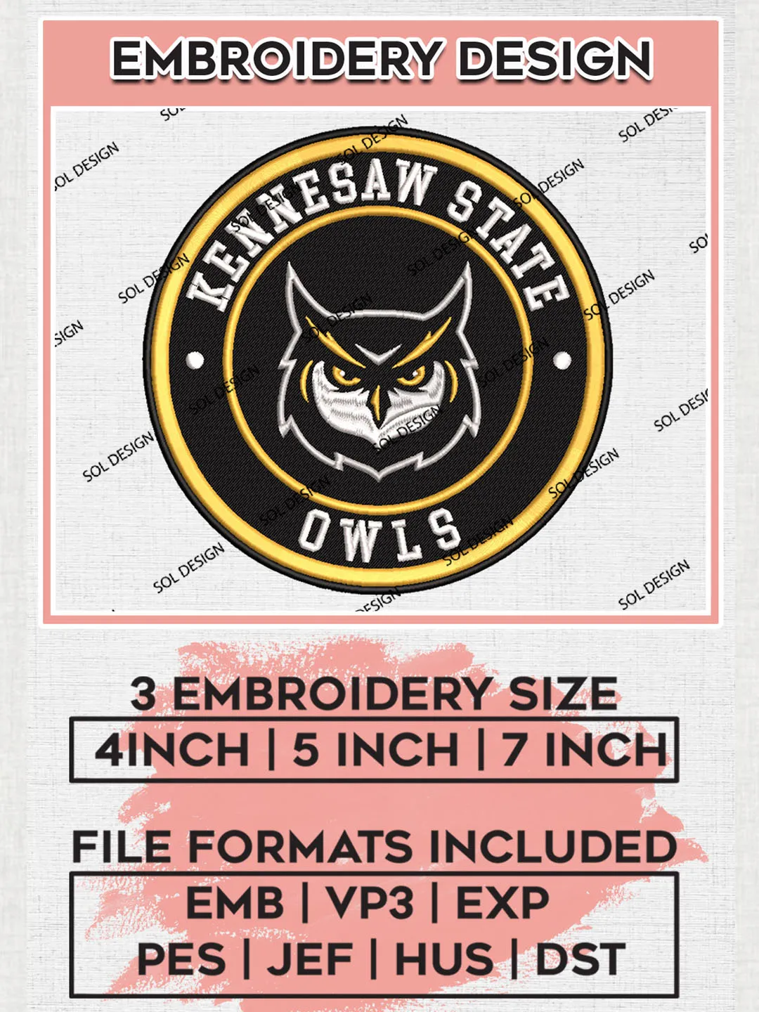 NCAA Kennesaw State Owls Round Logo Embroidery, NCAA Kennesaw State Team Logo Embroidery files, NCAA Teams, Machine embroidery designs, Digital Download