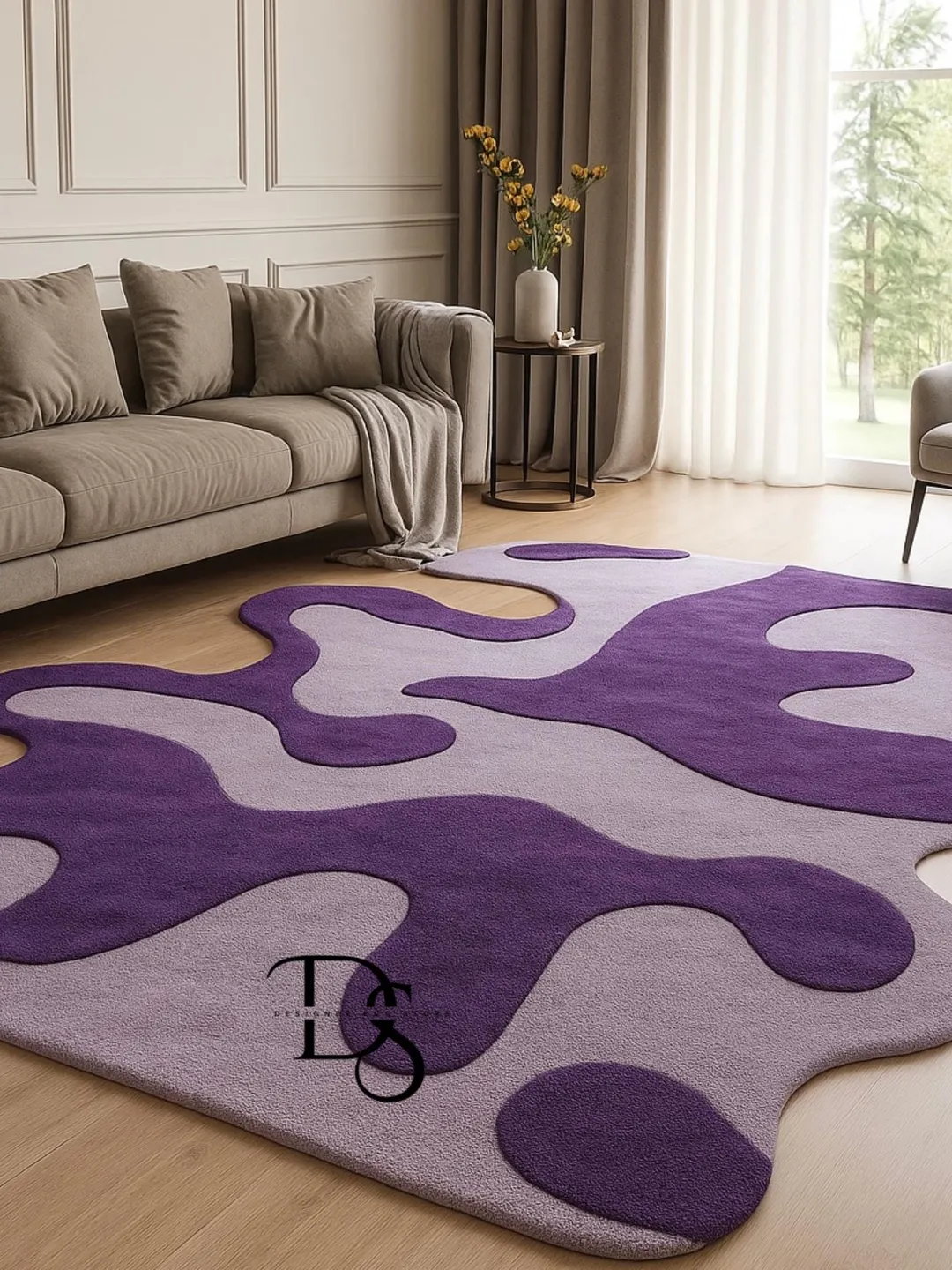 Hand-Tufted Wool Rug: Abstract Purple Wave, Irregular Shape
