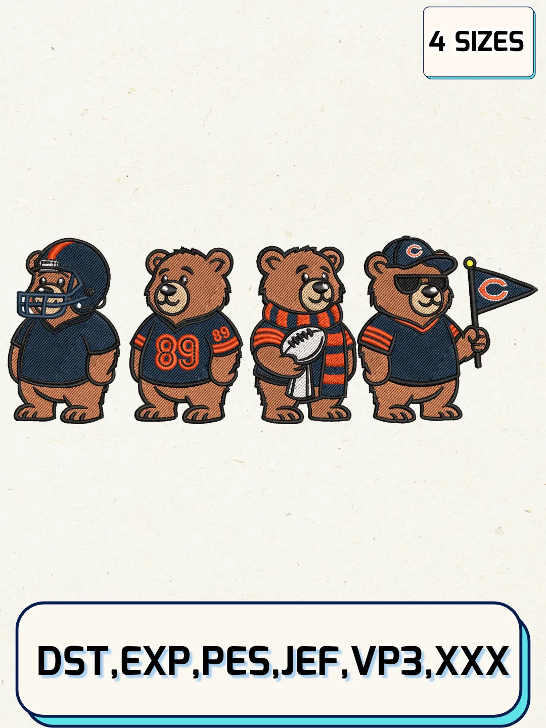 Cute Bears Chicago Football Embroidery Design Files, NFL Logos Embroidery Designs, Machine Embroidery Files, 4 Sizes