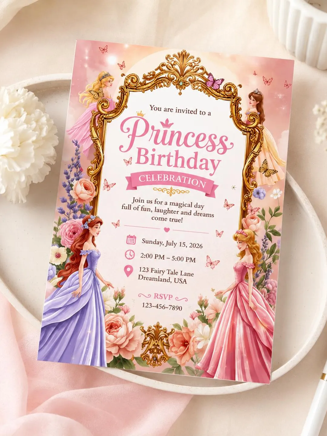 Princess Birthday Invitation Template, Editable Royal Birthday Invite, Pink Princess Party, doll invitation, Canva Instant Download