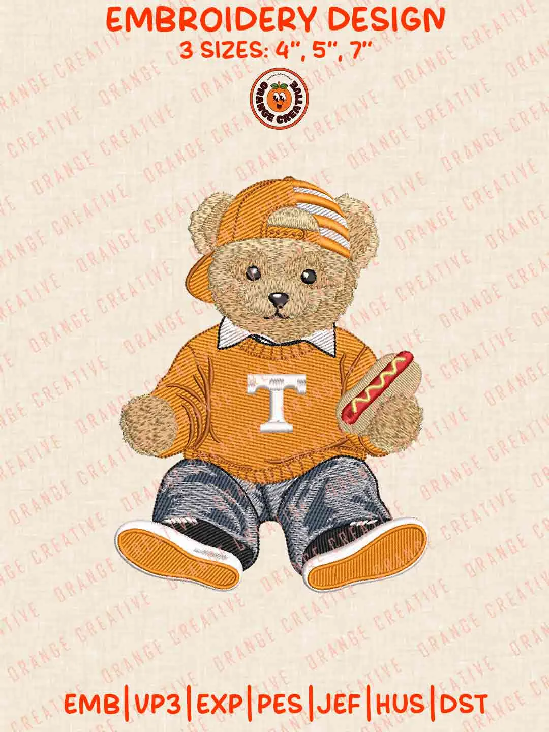 Tennessee Volunteer Teddy Bear Embroidery Files, Football Embroidery Designs, College Sport Machine Embroidery Files, 3 Sizes, Custom Sizes, Instant Download