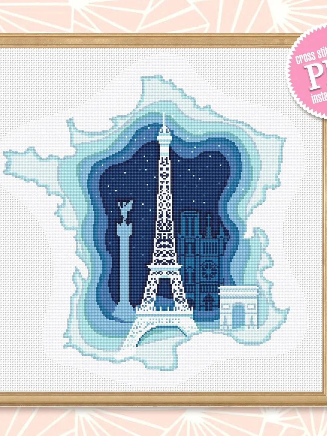 France map cross stitch pattern PDF download Eiffel Tower cross stitch chart, France pattern digital PDF, Paris decor #E15