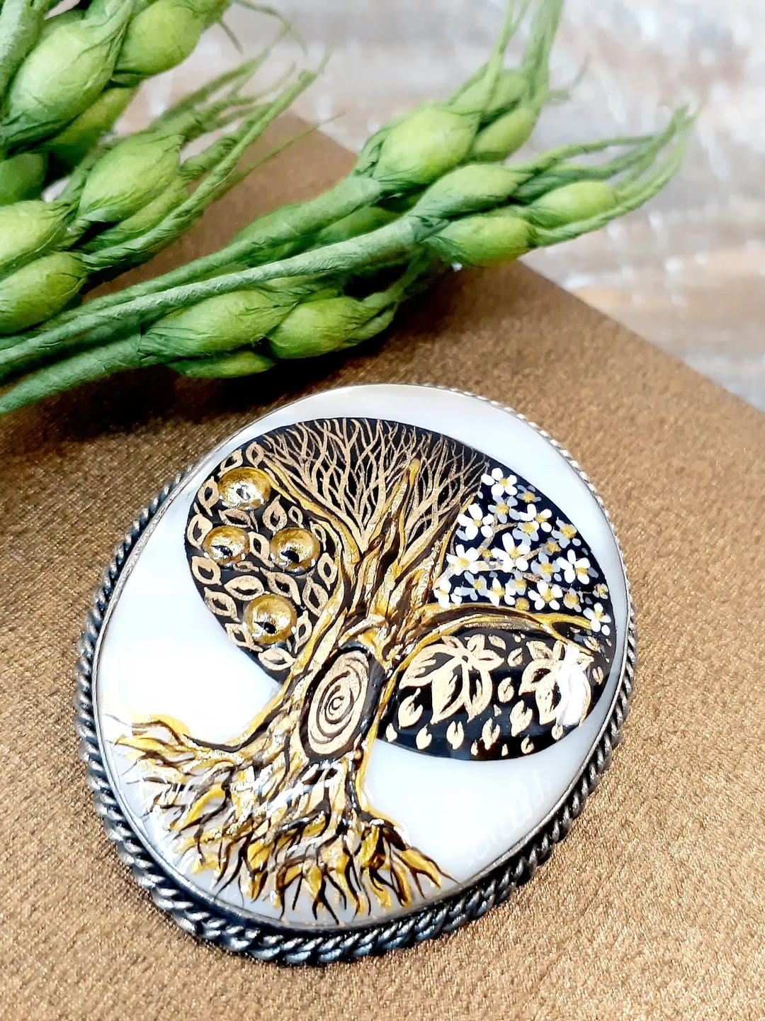 Brooches for women: Tree of life with four seasons on pearl pin • Mother of pearl brooch hand painted in in Klimt style • Dainty brooch