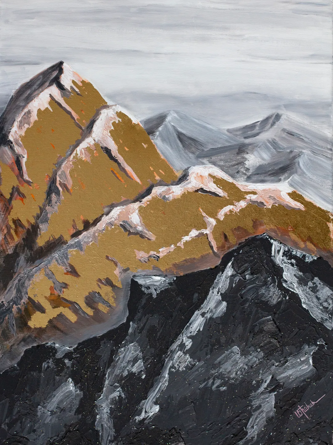 Snowy Mountains wall art | Modern Abstract Himalayas Painting | 3D Gold Effect Acrylic Art on Canvas 70x50 cm | Handmade Artwork