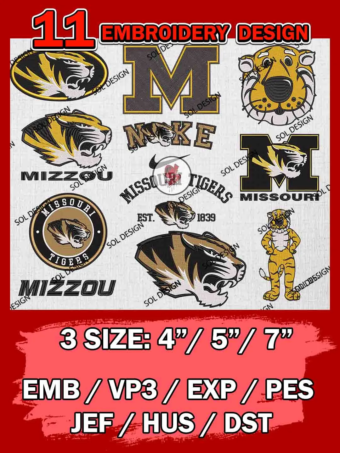 11 NCAA Missouri Tigers Bundle Embroidery Files, NCAA Missouri Tigers Team Bundle Embroidery Designs, NCAA Teams, National College Football Team 3 sizes, NCAA Missouri Machine Embroidery, Digital Download