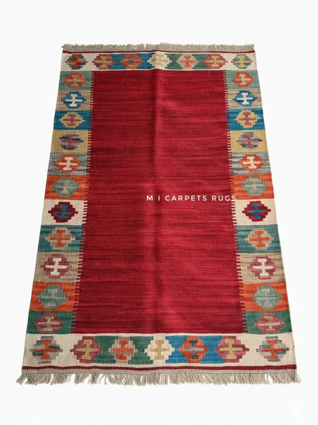 Kilim Rugs Border Handmade Red Kilim Rug - Modern Geometric Border Flatweave Wool Area Rug