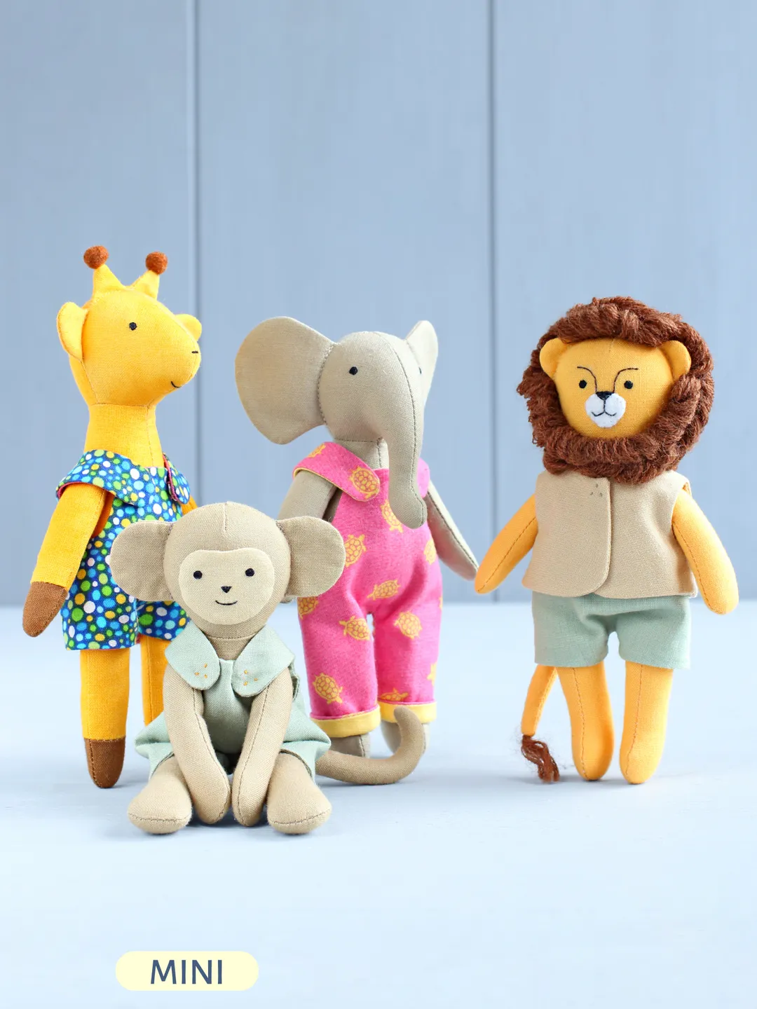 4 PDF Mini Safari Stuffed Animals (Elephant, Giraffe, Lion and Monkey) Sewing Patterns Bundle