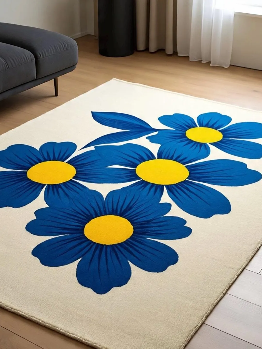 Handmade Tufted Wool Area Rug with Blue Floral Design