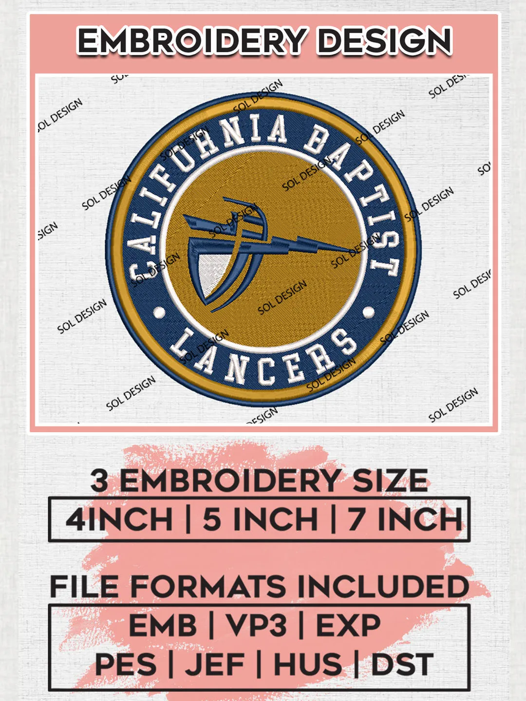 NCAA California Baptist Lancers Round Logo Embroidery, NCAA California Baptist Logo Embroidery files, NCAA Teams, Machine embroidery designs, Digital Download