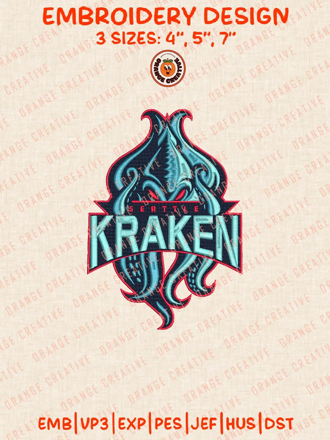 NHL Seattle Kraken Hockey Team Mascot Logos Embroidery Designs, NHL Logo Embroidery Files, Machine Embroidery Design File, 4 Sizes, Custom Size, Digital Download