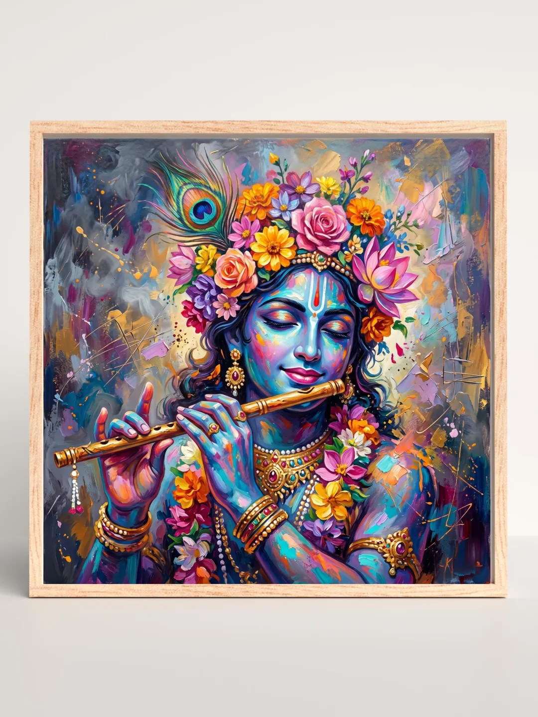 Watercolor Lord Krishna with Flute, Hindu God wall art, Indian print, floral artwork
