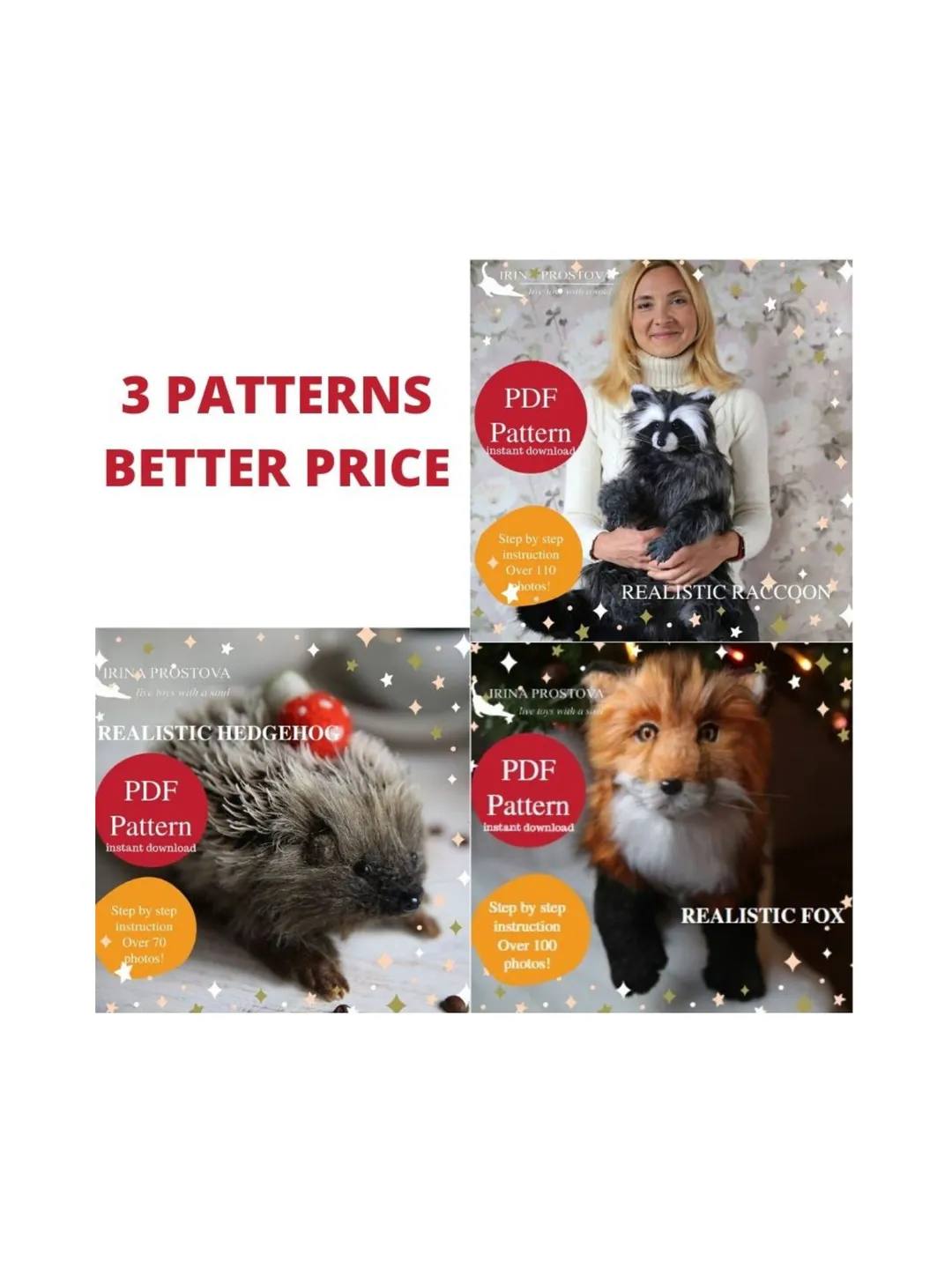 Raccoon,fox and hedgehog  sewing pattern plush toy | instruction how to sew | Stuffed Animal Sewing Tutorial