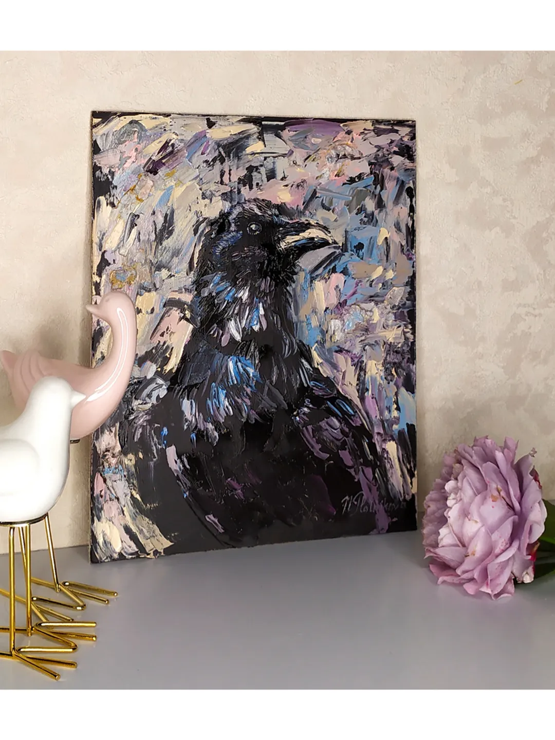 Raven Painting Bird original art 10 by 8 inches Black Raven Wall Art Crow artwork oil painting by Natalia Plotnikova