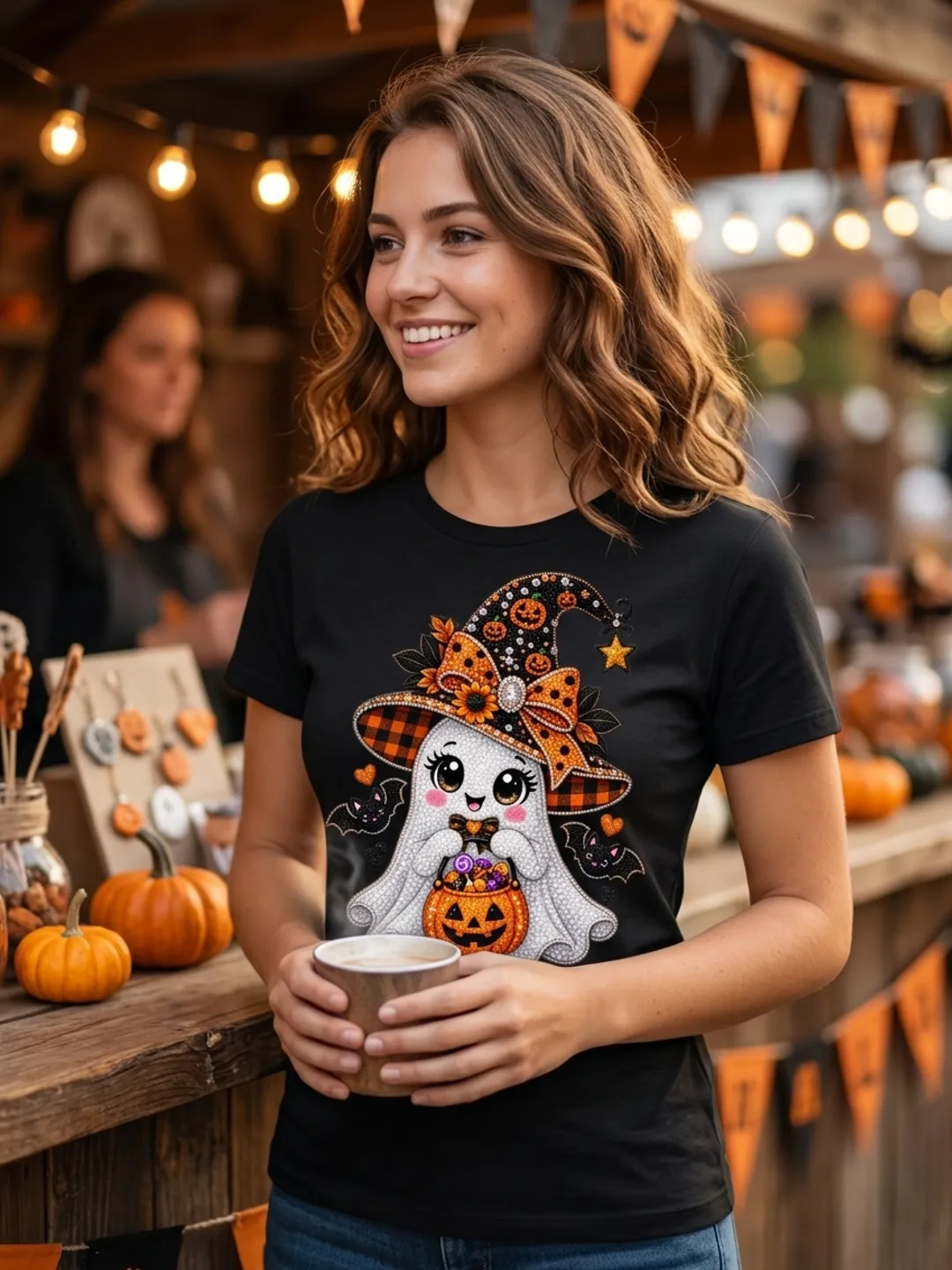 Glitter Halloween Ghost Witch PNG - Sparkly Cute Trick or Treat T-Shirt Design