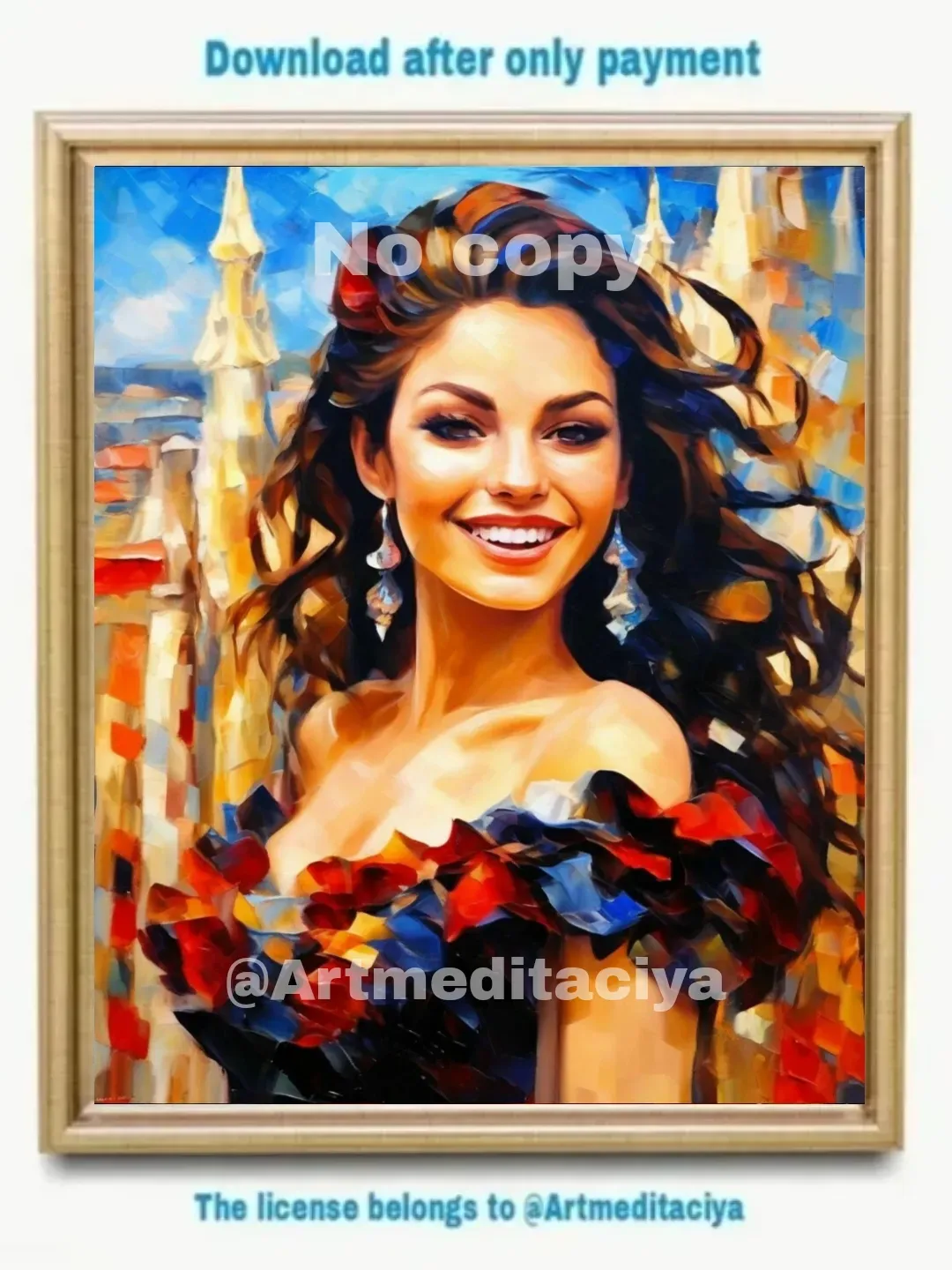 The digital abstract textural painting "Spaniard by Gaudi" in the style of oil painting with a palette knife on an abstract background of architecture and Gaudi mosaics is an image of a dynamic smiling Spanish brunette in a black and multicolored neckline