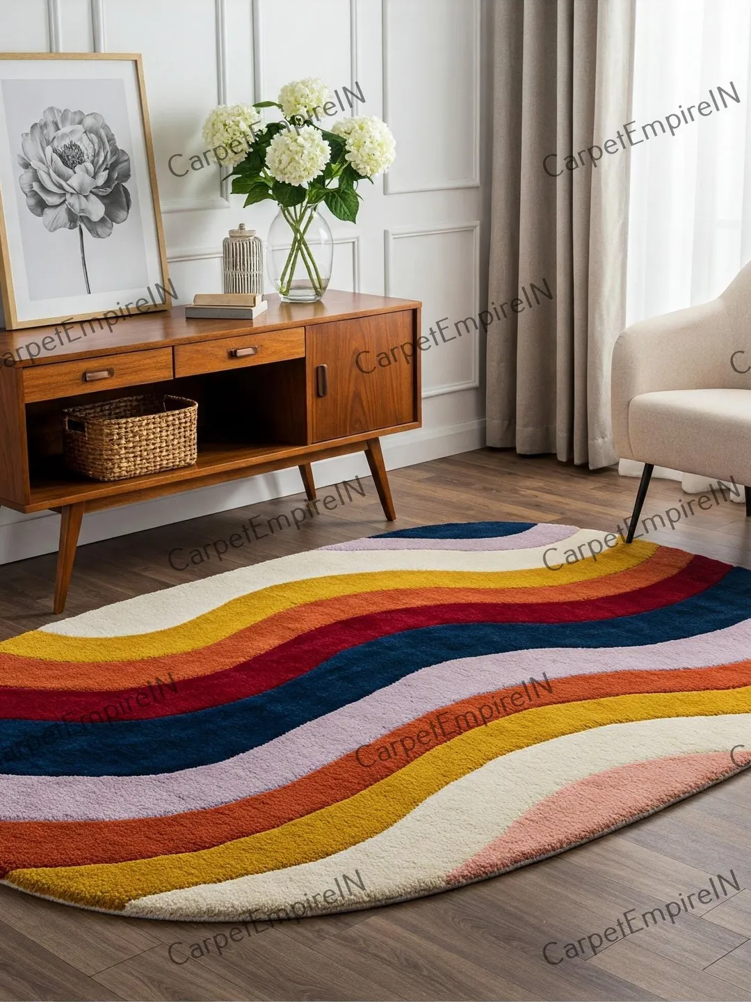 Wool Rainbow Rug Colorful Wavy Hand-Tufted Wool Rug, NZ Wool Cut Pile Rainbow Abstract ...