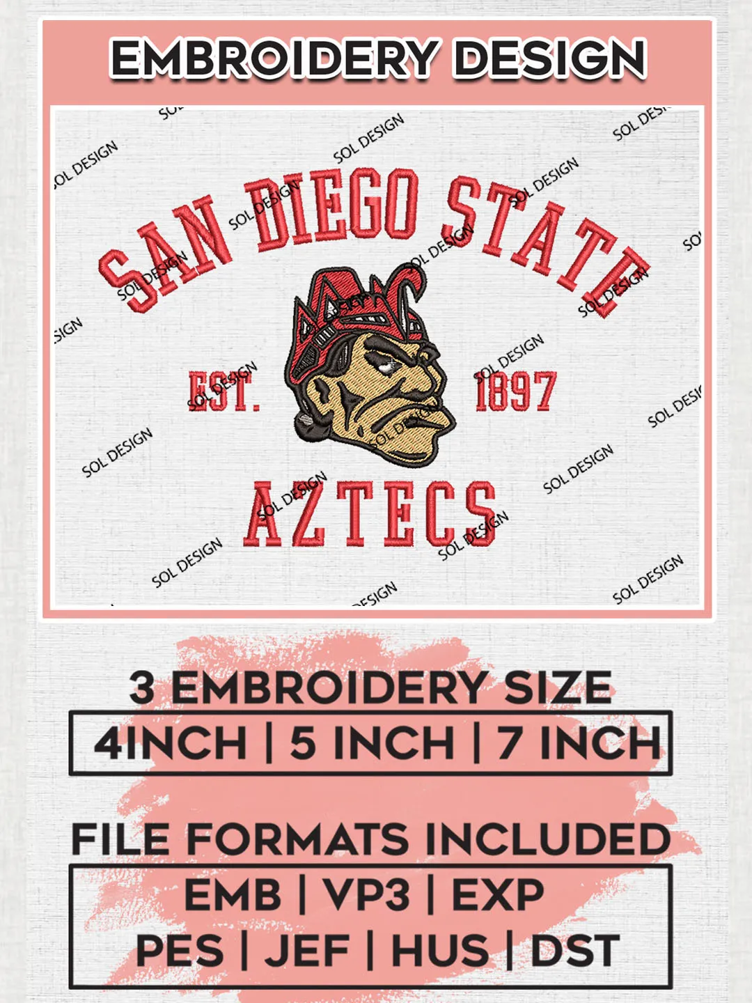 San Diego State Aztecs Est 1897 Logo Embroidery Designs, NCAA San Diego State Aztecs Team Embroidery, NCAA Team Logo, 3 sizes, Machine embroidery Files, Digital Download