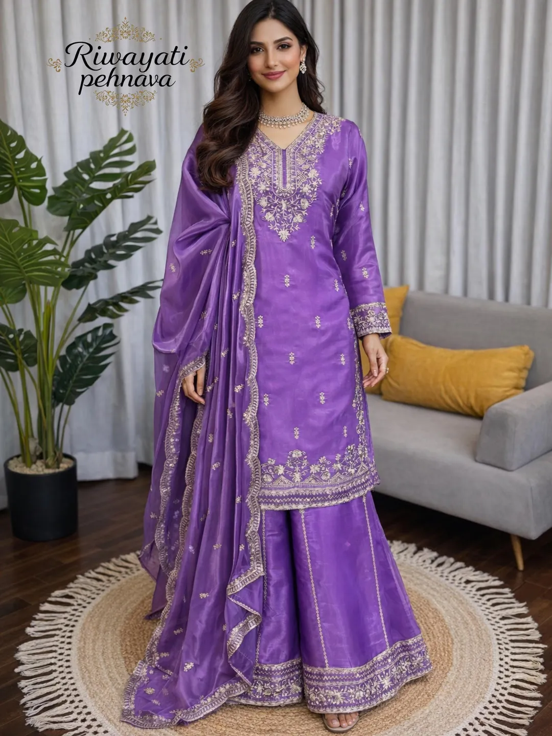 purple party dresses pakistani Purple Silk Embroidery Plus Size Party Wear Suit