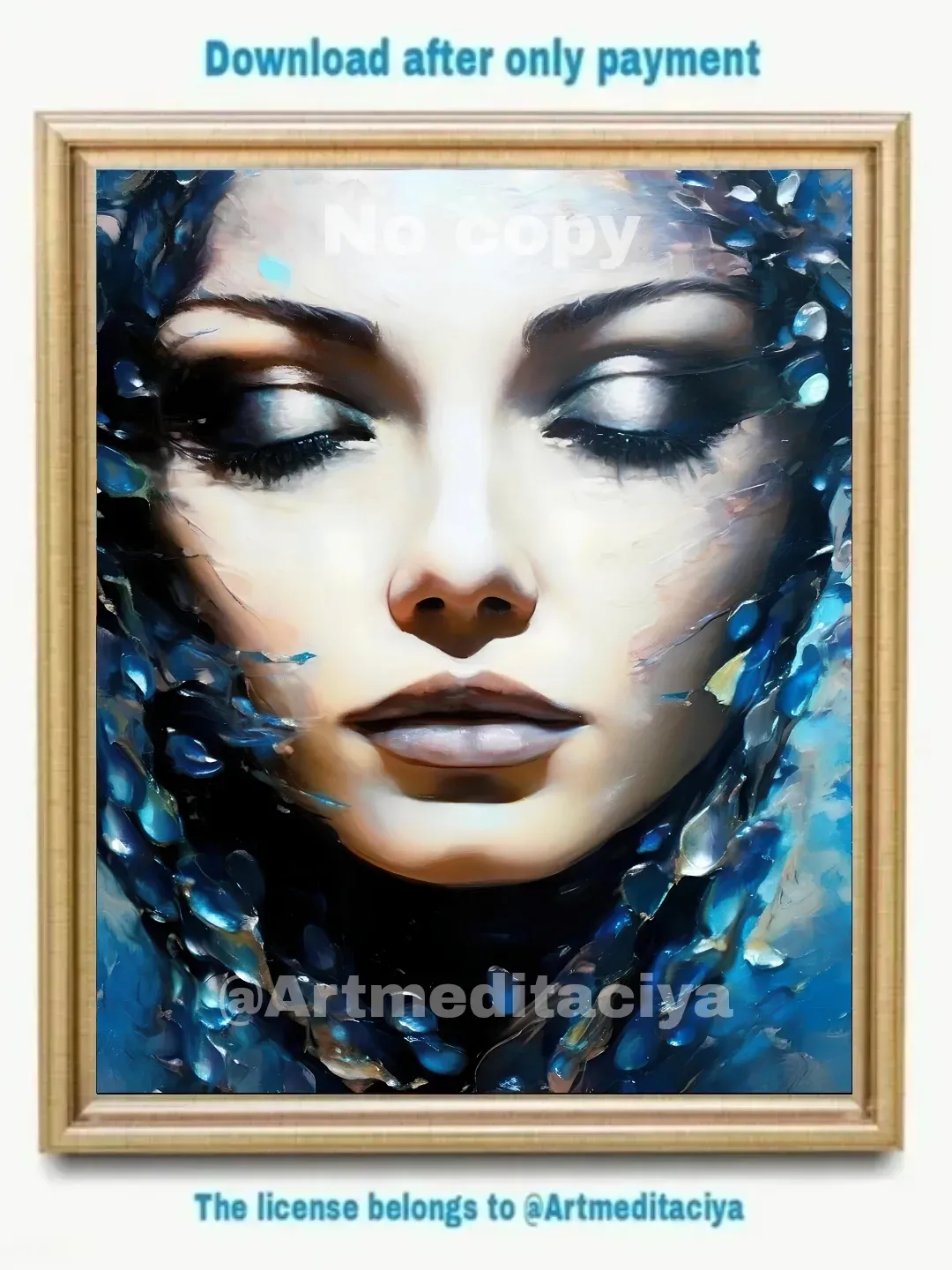 Digital abstract 3d textured modern painting "Blue Dreams". A close-up portrait of a woman with chameleon shadows on closed eyelids on an abstract sparkling blue-blue background of splashes in the style of pasty painting with a palette knife, impasto