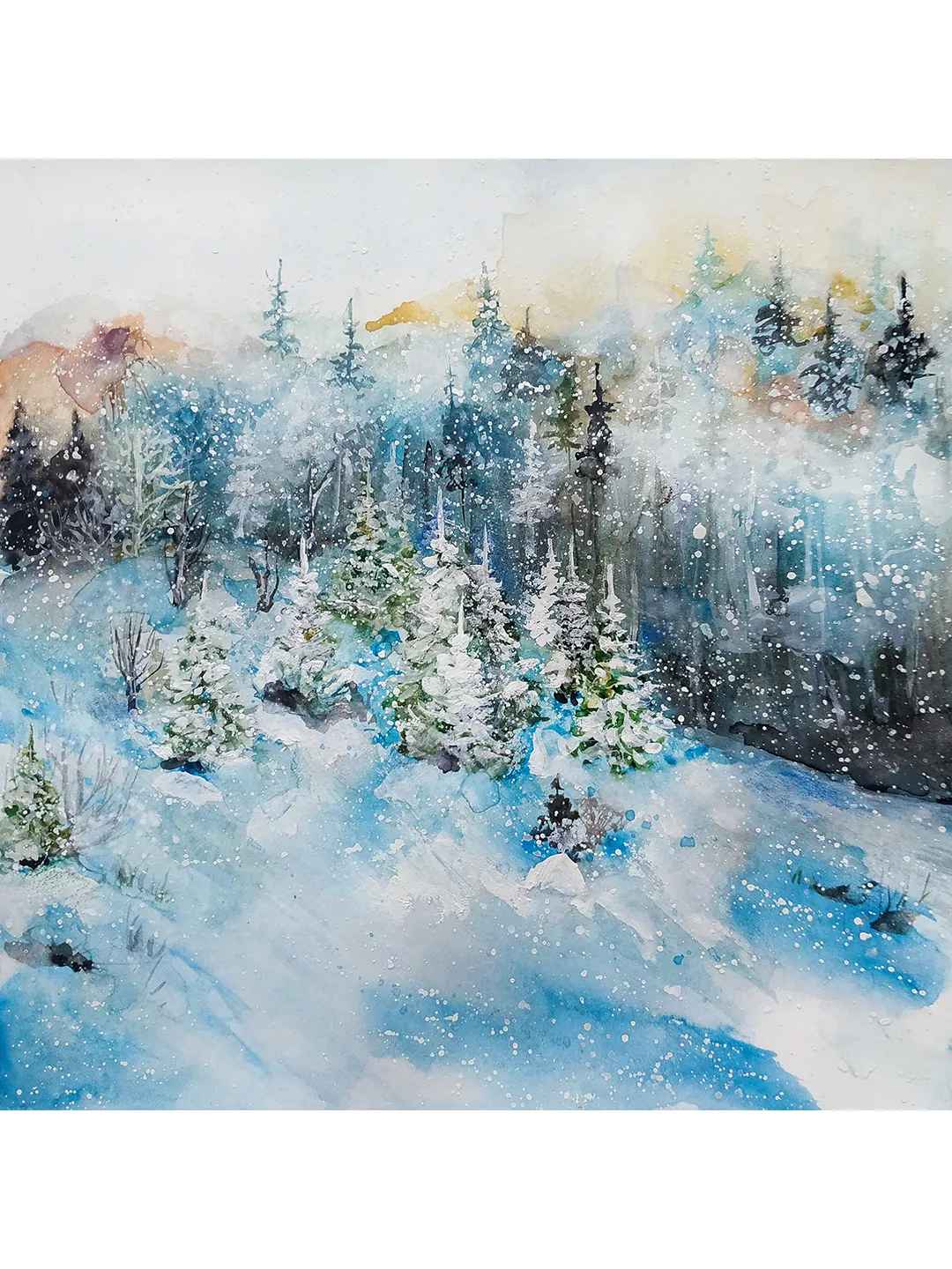 Watercolor painting Snowy Mountains