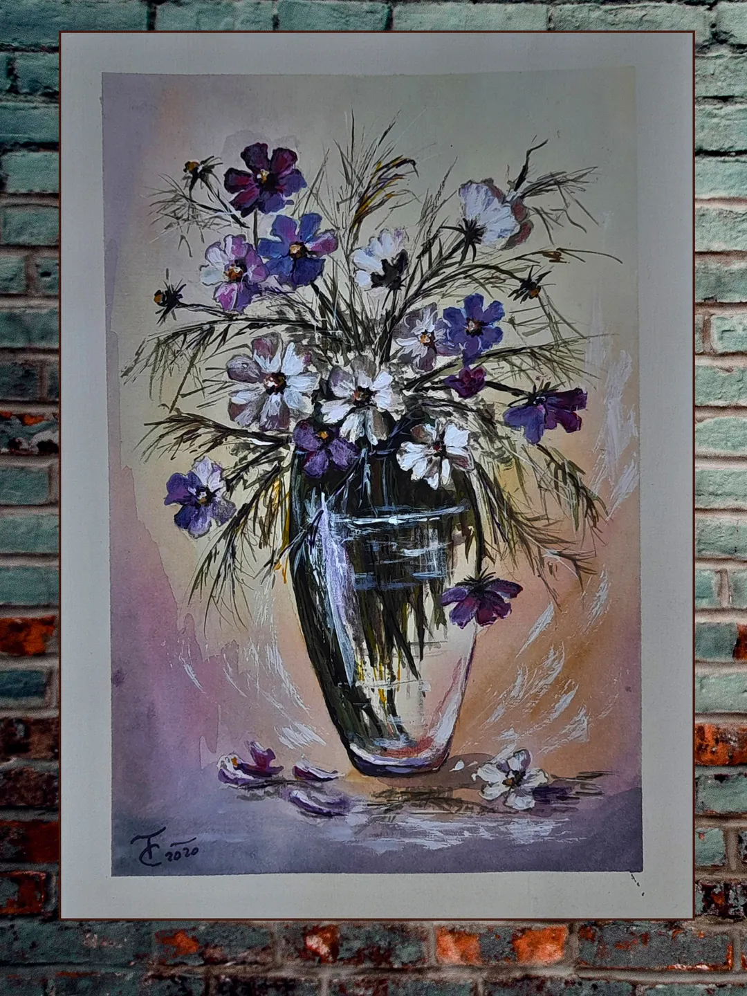 Watercolor drawing of lilac pink flowers in a vase 21x30 cm (8.3 х 11,7 inches)