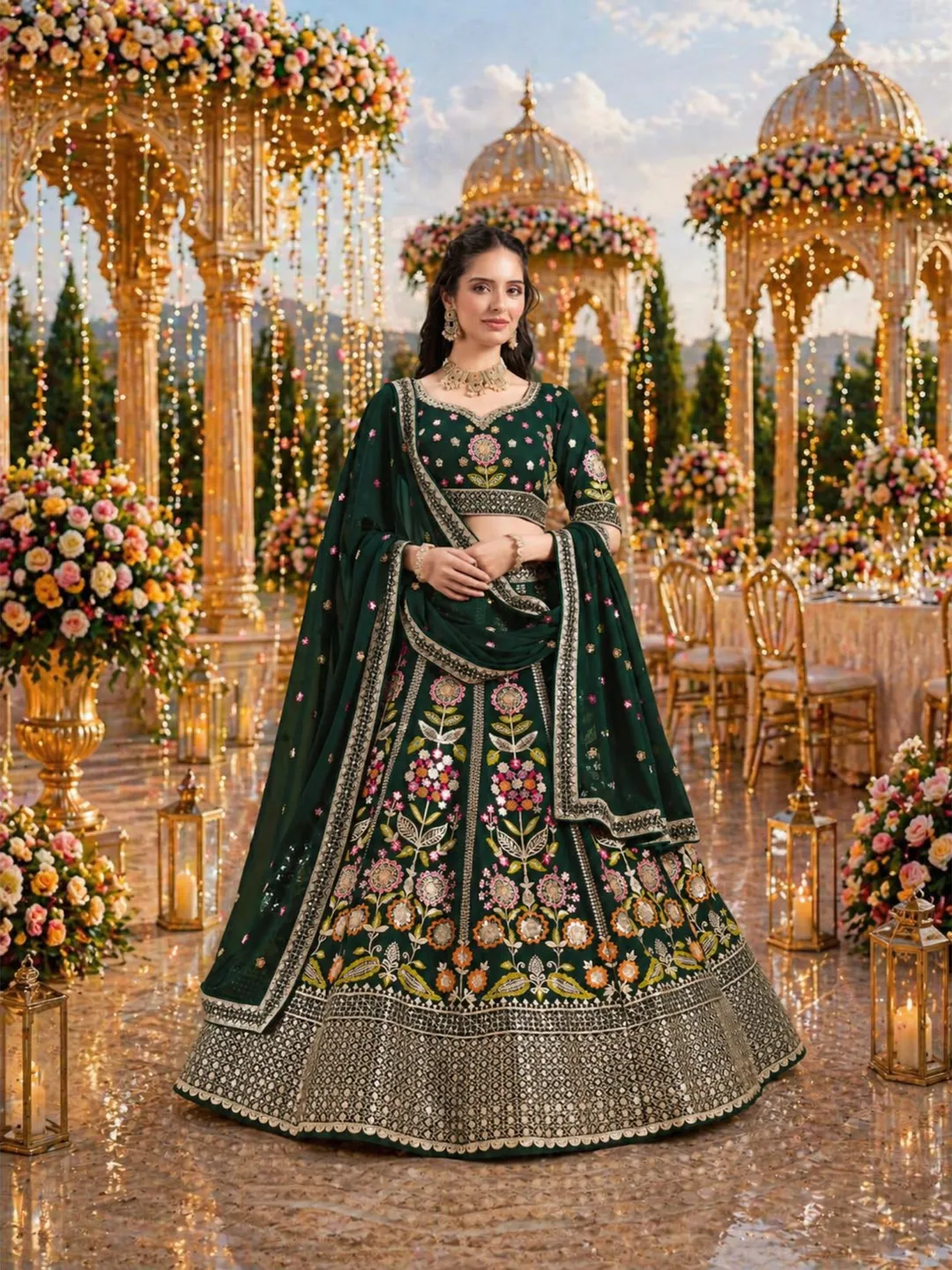 Green Georgette Lehenga Choli For Women: Sequin Embroidery Indian Wedding Wear Ready To Wear
