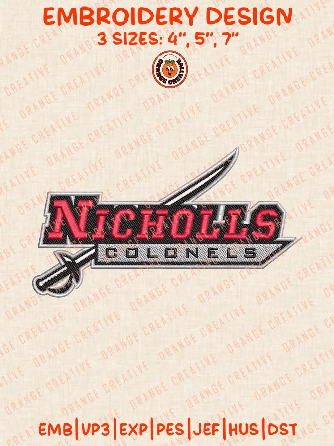Nicholls Colonels Text Logos Embroidery Design Files, NCAA Logos Embroidery Designs, Machine Embroidery Files, 4 Sizes, Custom Sizes, Instant Download