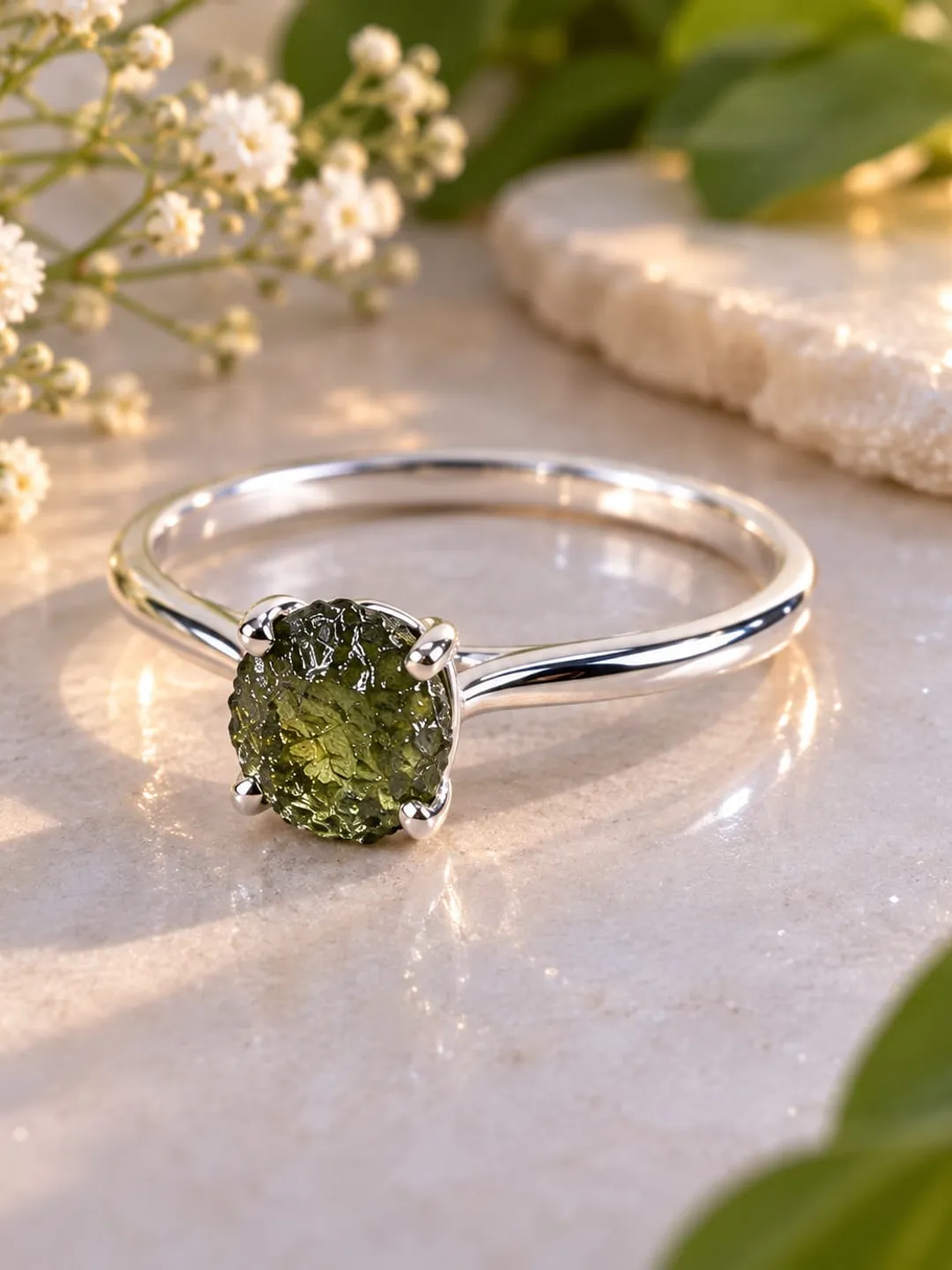 Natural Green Moldavite Ring, Raw Moldavite Silver Ring, Sterling Silver Statement Ring, Crystal Healing Ring, Boho Gemstone Jewelry, Gift for Her