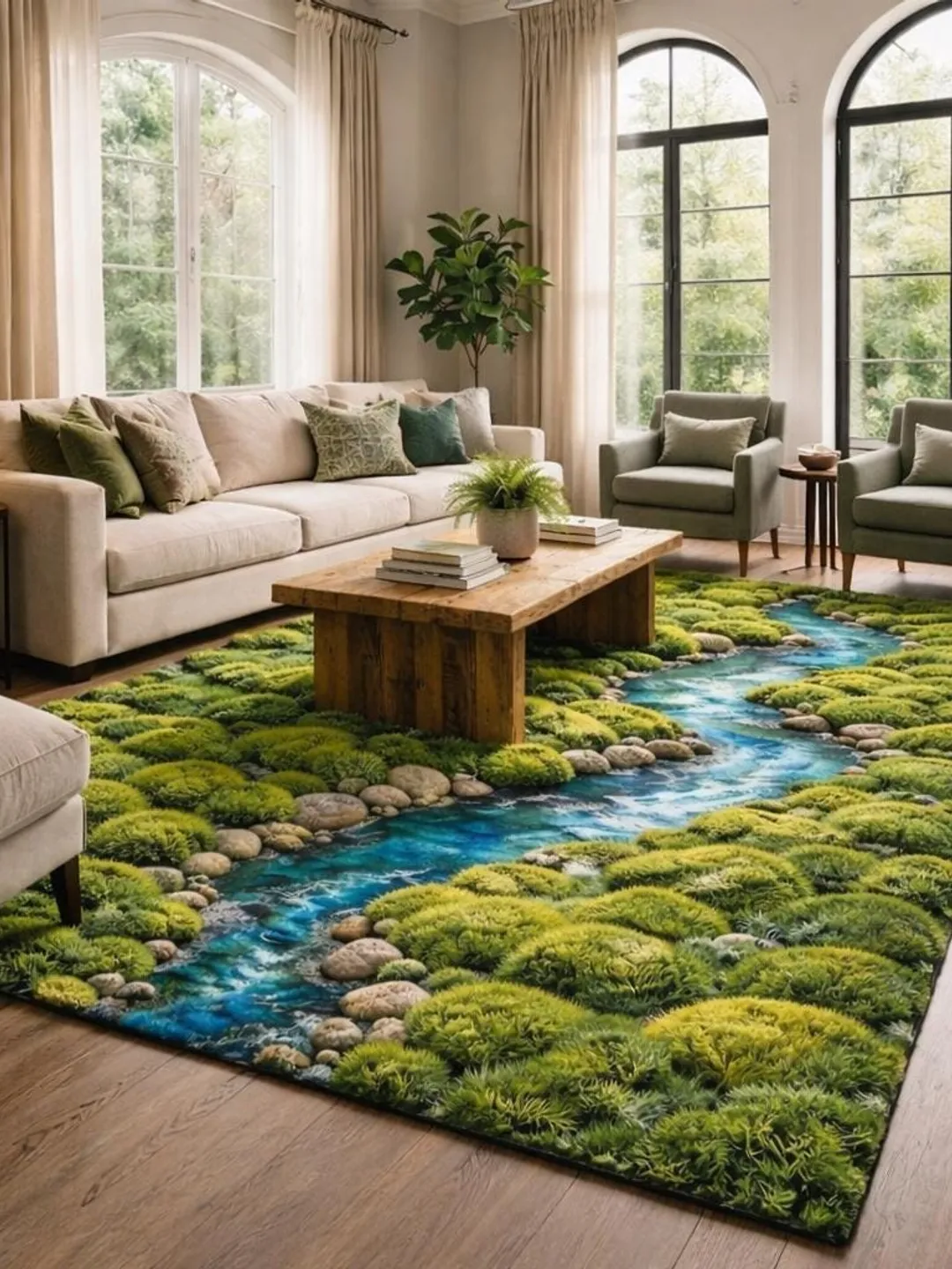 Handmade Moss Stream Rug, Koi Pond Design, 3D River Carpet