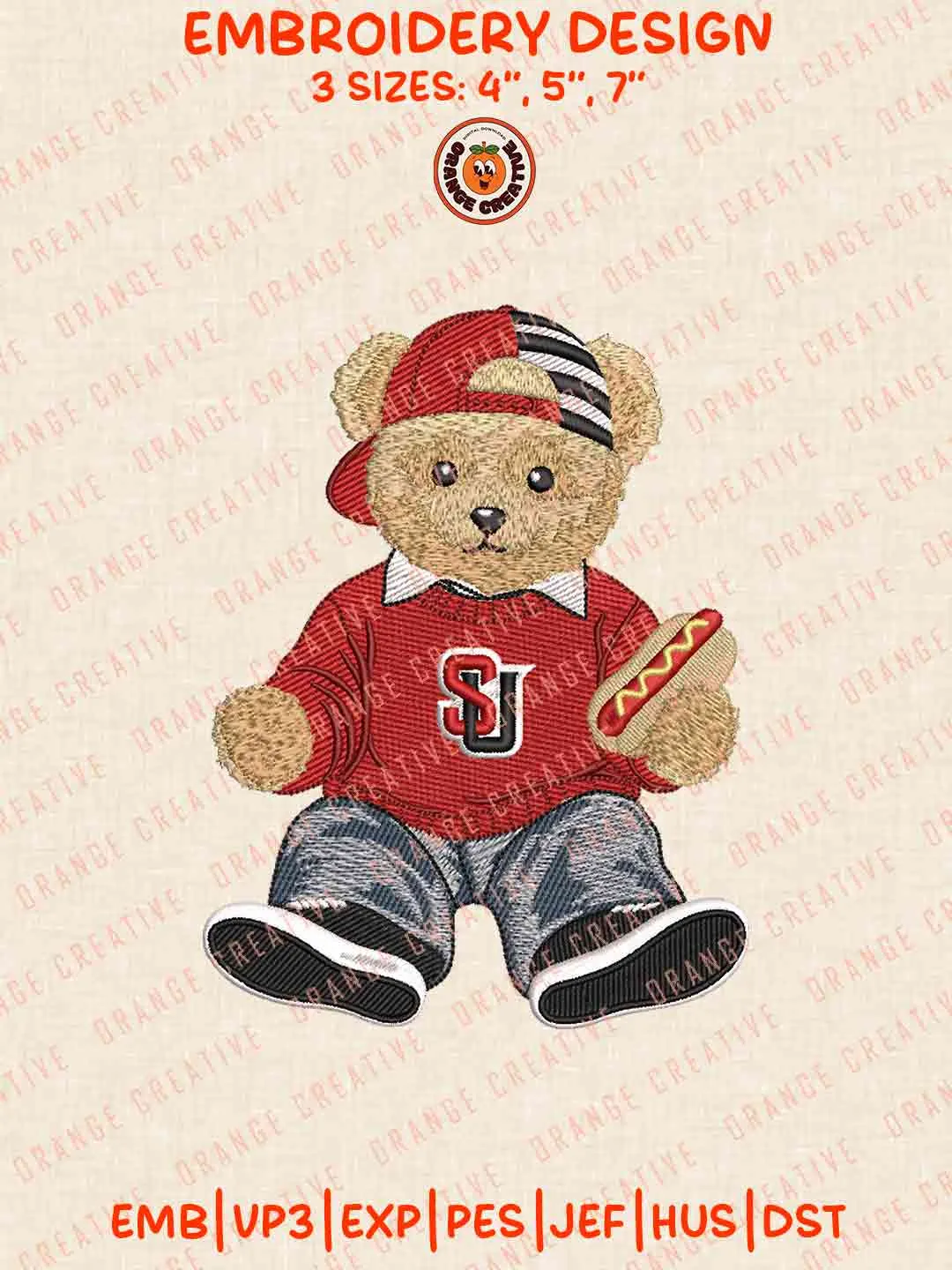 Seattle U Redhawk Bear With Hot Dog Embroidery Design Files, Football Embroidery Designs, Sport Machine Embroidery Files, 3 Sizes, Custom Sizes, Instant Download