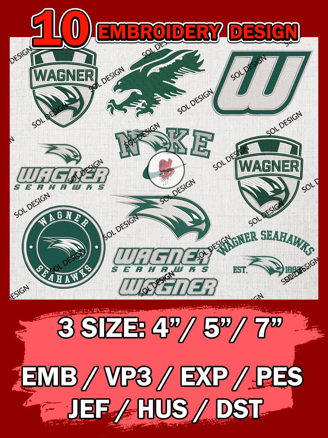 10 NCAA Wagner Seahawks Bundle Embroidery Files, NCAA Wagner Seahawks Team Bundle Embroidery Designs, NCAA Teams, National College Football Team 3 sizes, NCAA Wagner Machine Embroidery, Digital Download