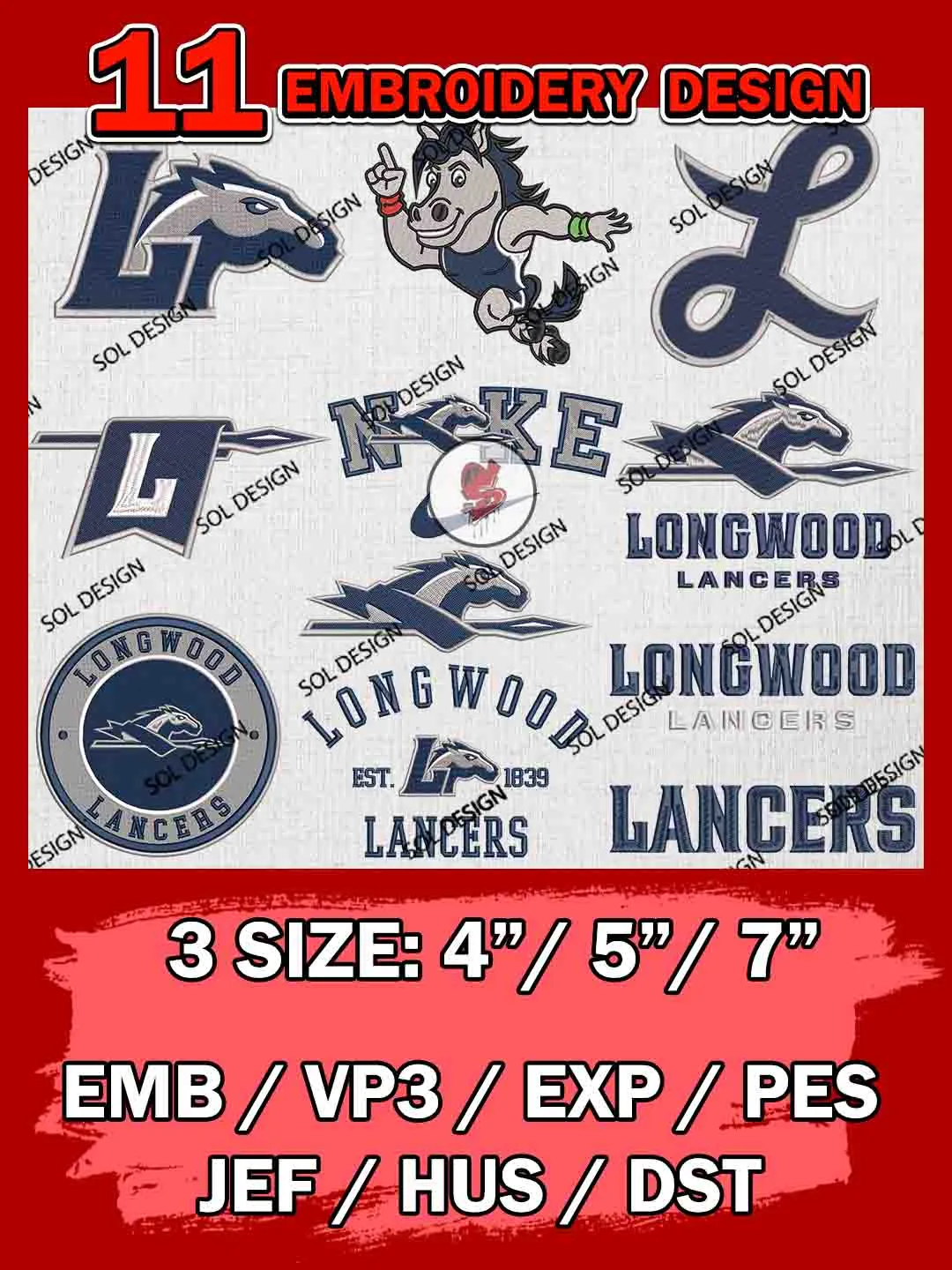 11 NCAA Longwood Lancers Bundle Embroidery Files, NCAA Longwood Lancers Team Bundle Embroidery Designs, NCAA Teams, National College Football Team 3 sizes, NCAA Longwood Machine Embroidery, Digital Download