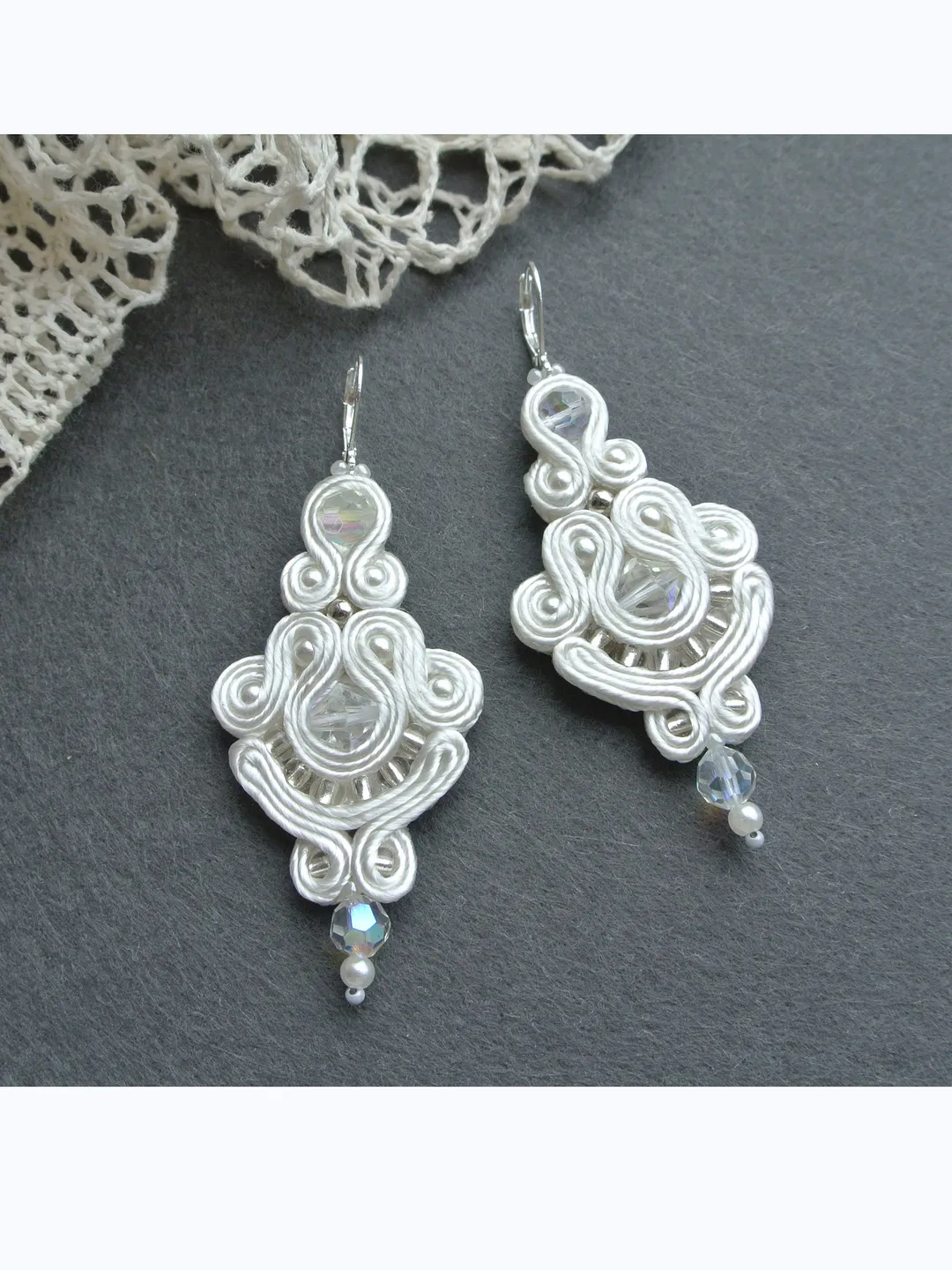 White earrings, bridal earrings, soutache embroidered earrings, beaded earrings