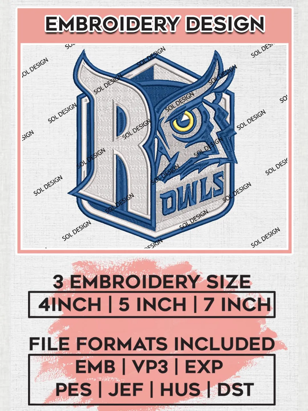 Rice Owls Machine Embroidery Design Files, NCAA Rice Owls Team Embroidery, NCAA Owls, 3 sizes, Machine embroidery designs, Digital Download
