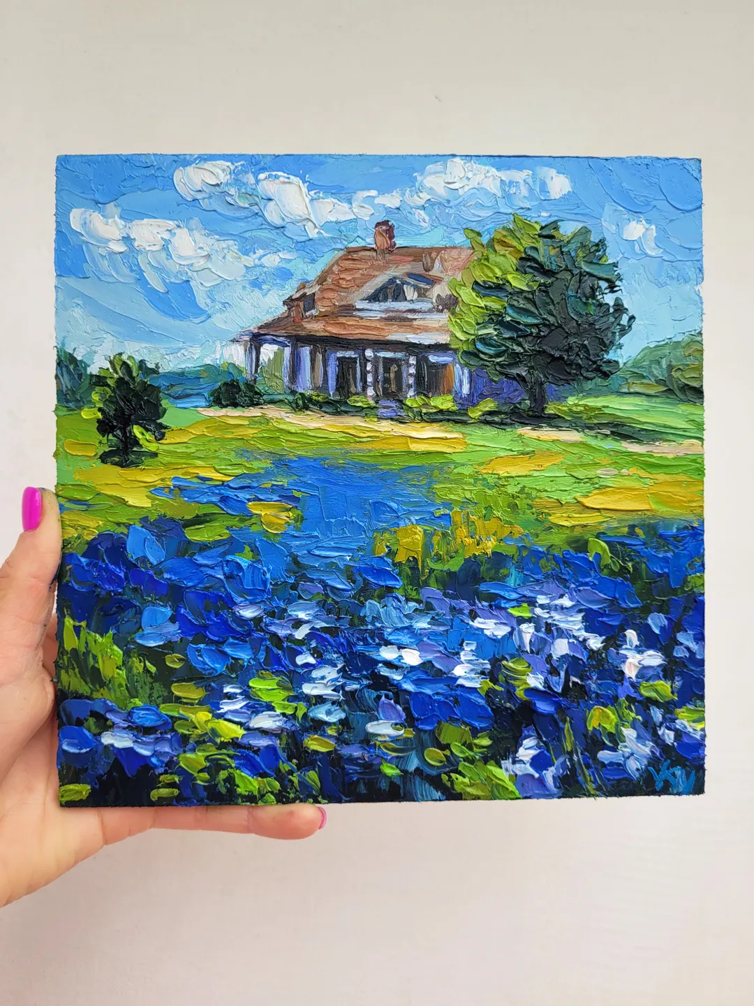 Texas Bluebonnet Painting Old Barn Painting Original Impasto Oil Painting 8x8 Texas Wildflower Countryside Painting Farm Wall Art Home Decor