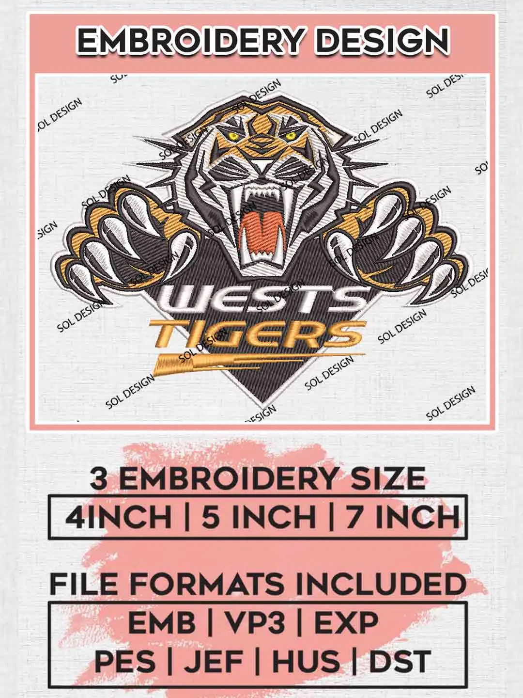 NRL Wests Tigers Embroidery Design, National Rugby League Embroidery Design, Wests Tigers Logo Embroidery Design, NRL Machine Embroidery Digitized Pes File, 3 Sizes, Instant Download